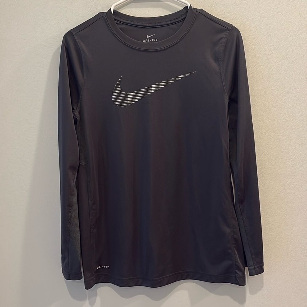 Nike - men’s long sleeve athletic dri fit shirt.  Swoosh logo. Black.Size large
